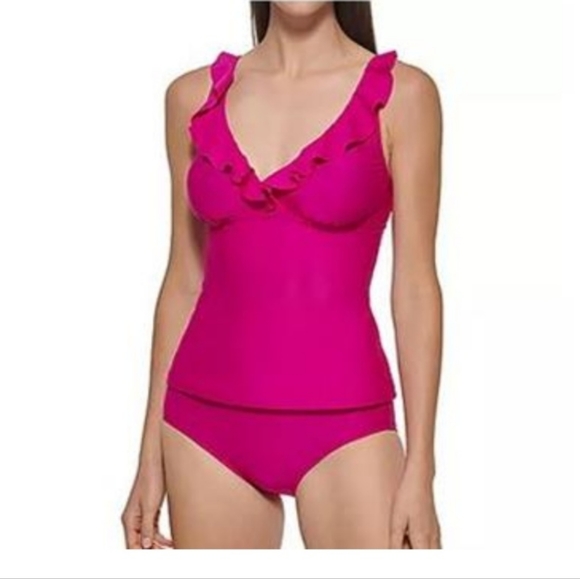 Dkny Other - DKNY NWT XXL pink ruffle tankini swim suit plus